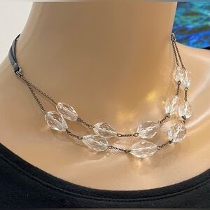 Kenneth Cole Layered Crystal Bead Necklace with Black Chain and Leather Detail